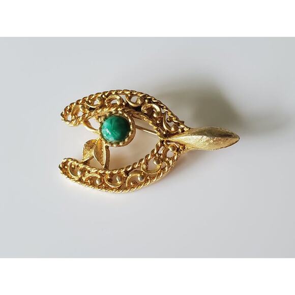 Vintage Green Stone Floral Horseshoe Brooch Pin - Picture 1 of 6